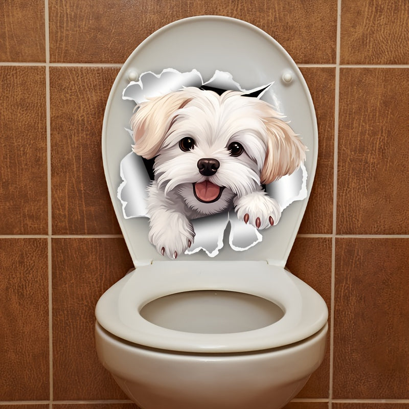 White dog toilet decal for easy stick and removal, ideal for home decor.