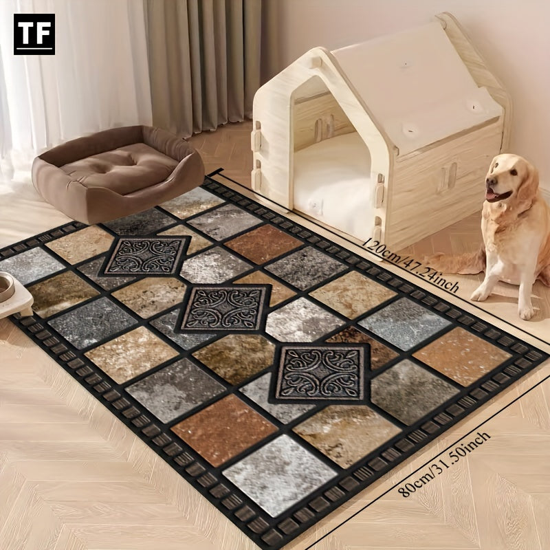 Antique Geometric Stone Tile Carpet - Crystal Velvet Print Material - Machine Washable and Easy to Clean - Non-slip Fashionable Floor Mat and Area Rug for Living Room, Bedroom, Kitchen, Laundry Room, and Home Office - Perfect Christmas Gift