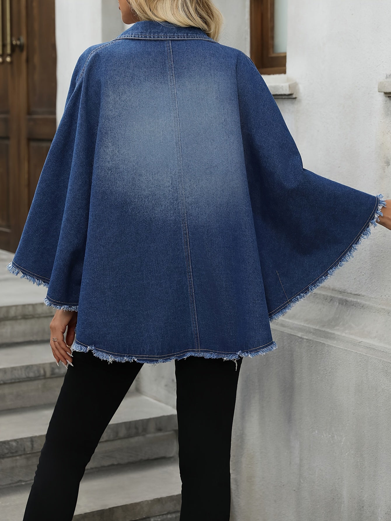 Elegant style batwing sleeve cape denim coat for plus size women, along with denim jeans and clothing.