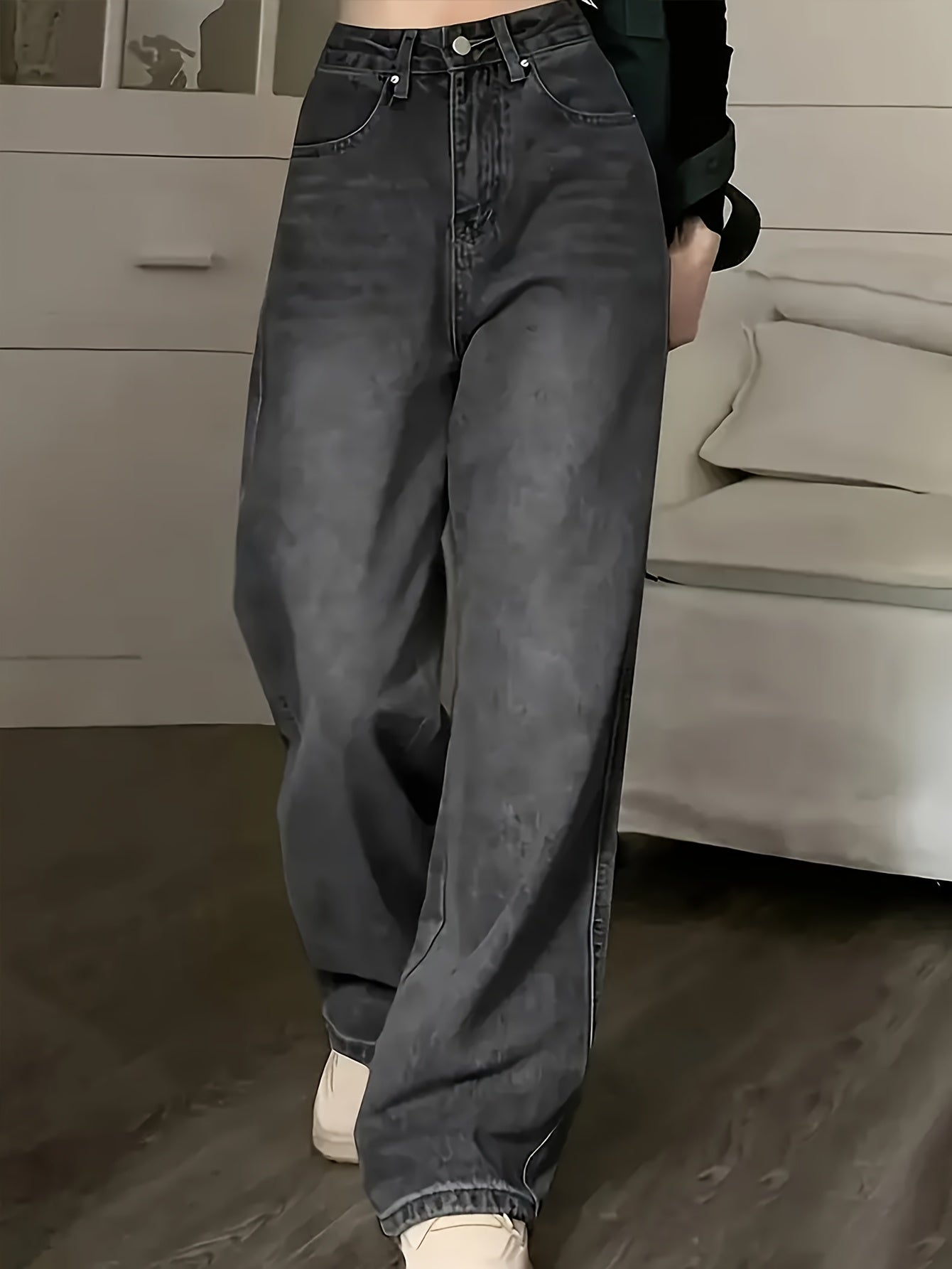 Women's Wide Leg Jeans in Black and Gray Korean Design