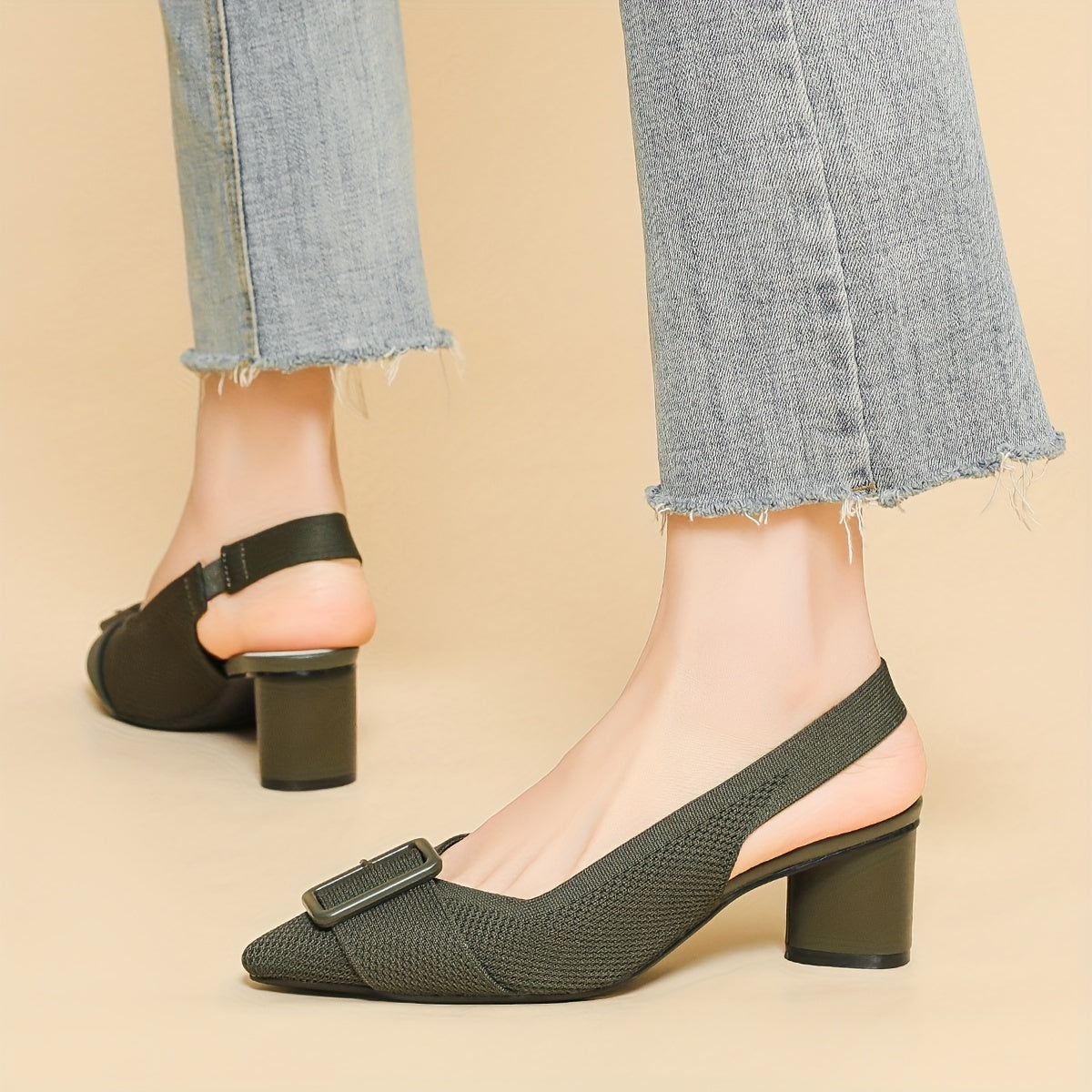 Women's mid-heel pumps with breathable knit, pointed toe, slip-on style, and chunky heel for all seasons.