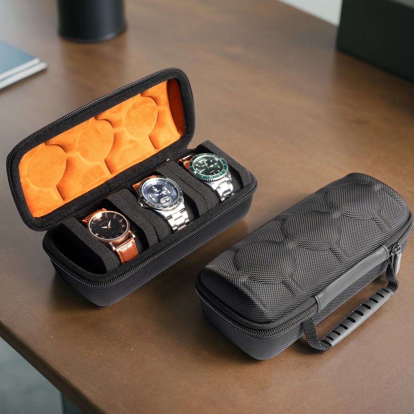 Perfect for gift-giving, this sleek black fabric watch travel case features 3 slots, a watch roll case storage, and organizer for men and women. Complete with anti-move watch pillow, it ensures your timepieces are safe and secure while on the go. An