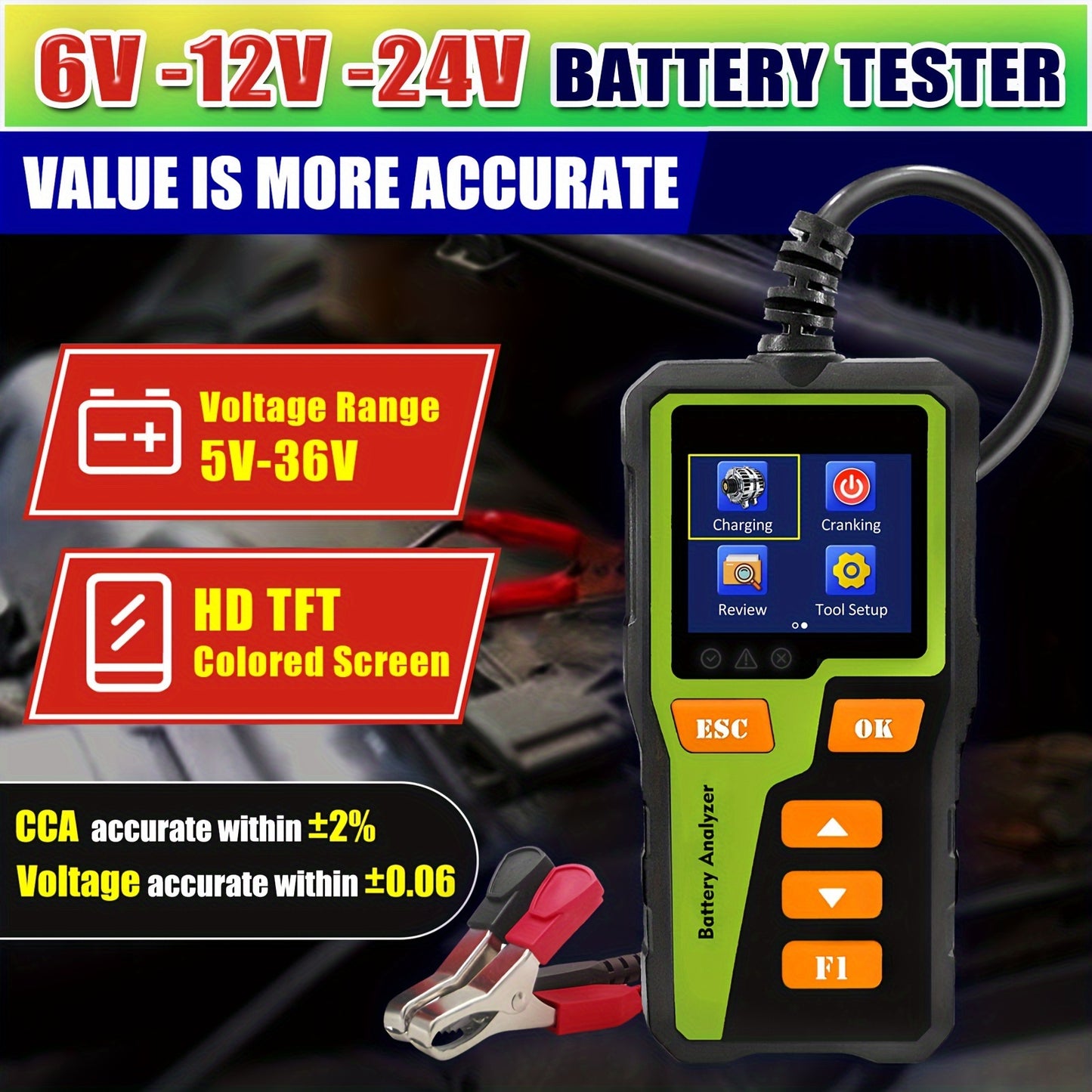 12V 24V Car Battery Tester Analyzer for Automotive Battery System Testing, including SOC, SOH, Internal Resistance, Charging, Cranking, and Diagnostic Tool for various vehicles.