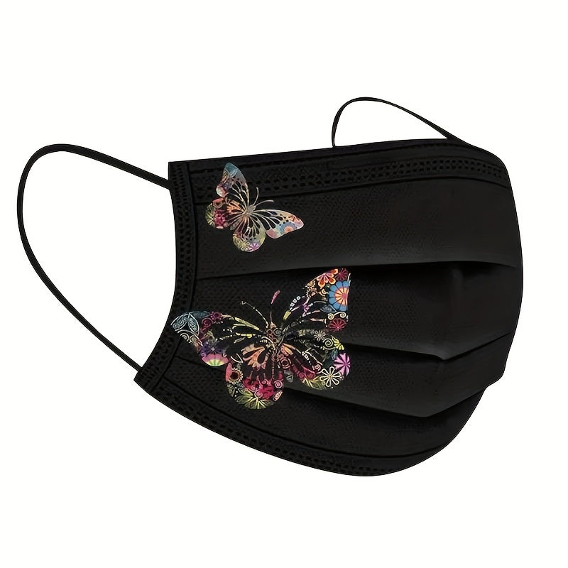 Set of 10 Black Butterfly Print Face Masks made with Woven Material and Elastic, featuring a Stylish and Mature Design. Can be worn as a Decorative Scarf for Women, Men, and Teens during Outdoor activities such as Driving and Casual Wear. Masks are Hand