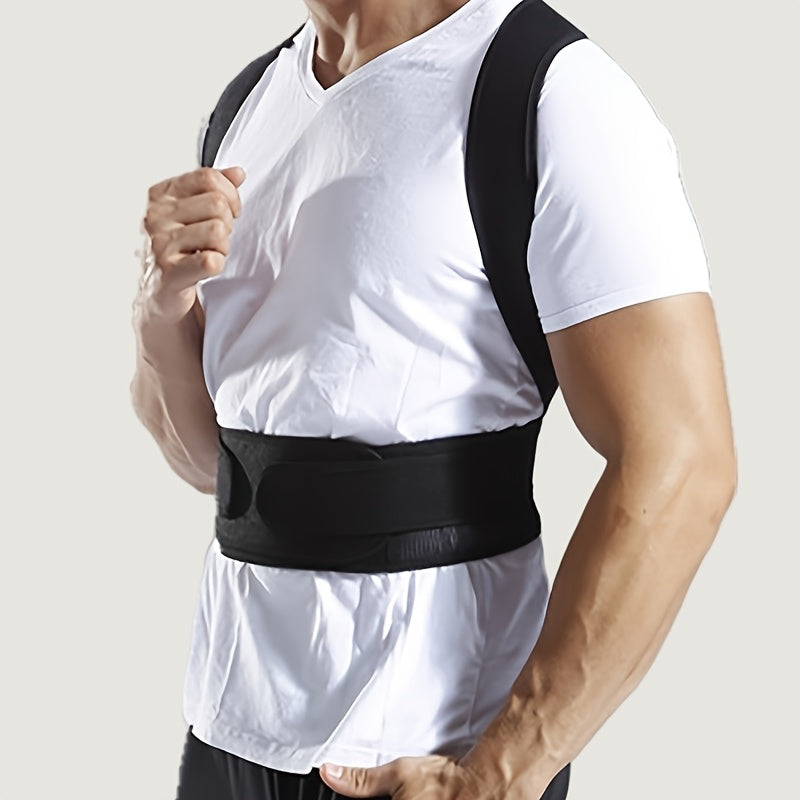 Unisex posture corrector back brace made of knit fabric, neoprene, polyester, and nylon. Adjustable waist protector for spine alignment with breathable design for year-round use.