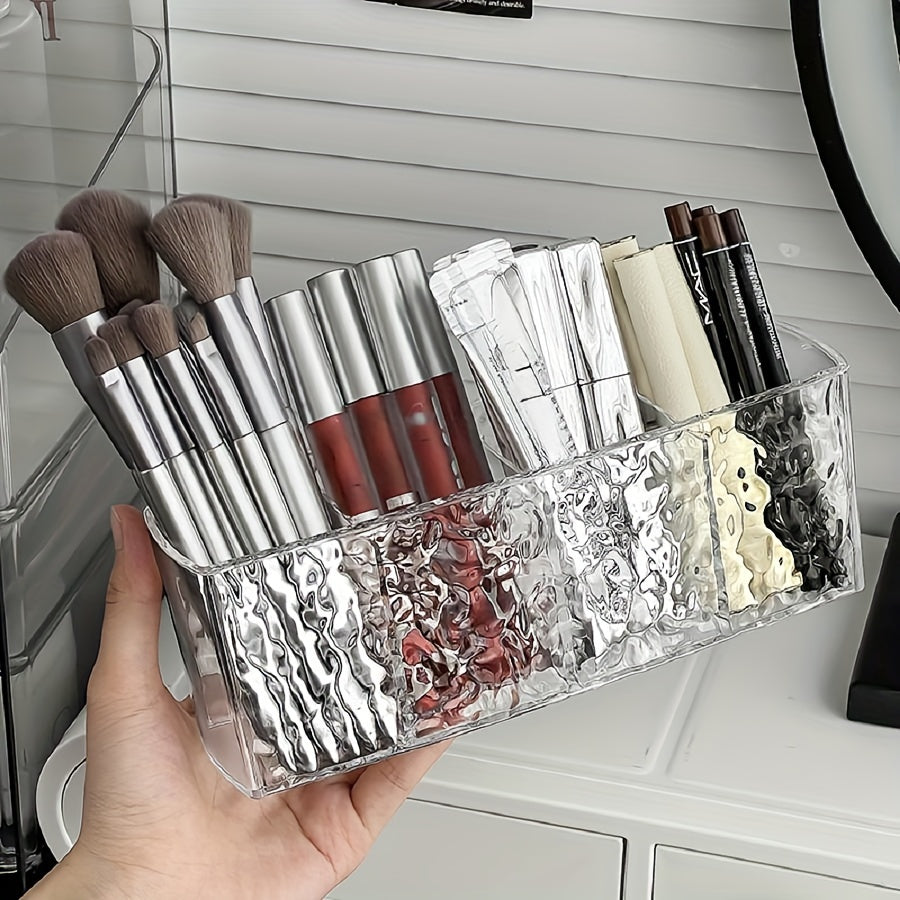 Clear PET Makeup Organizer with 4 compartments for brushes, lipsticks, and accessories, ideal for storage.