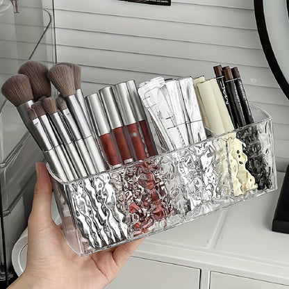 Clear PET Makeup Organizer with 4 compartments for brushes, lipsticks, and accessories, ideal for storage.