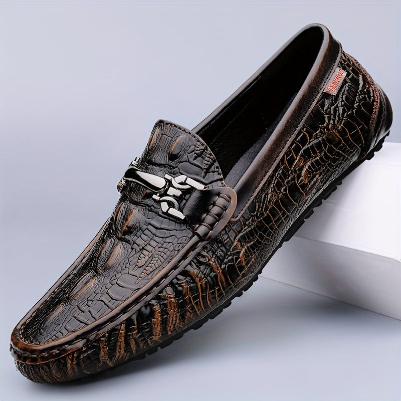 Crocodile pattern loafers for men with slip-on style and PU upper, perfect for various occasions and all seasons.