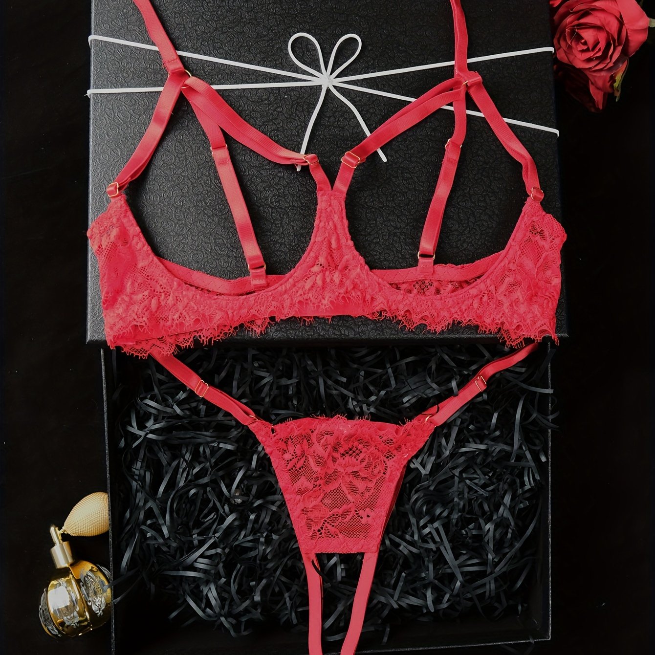 Red lace lingerie set with hollowed out model cup design