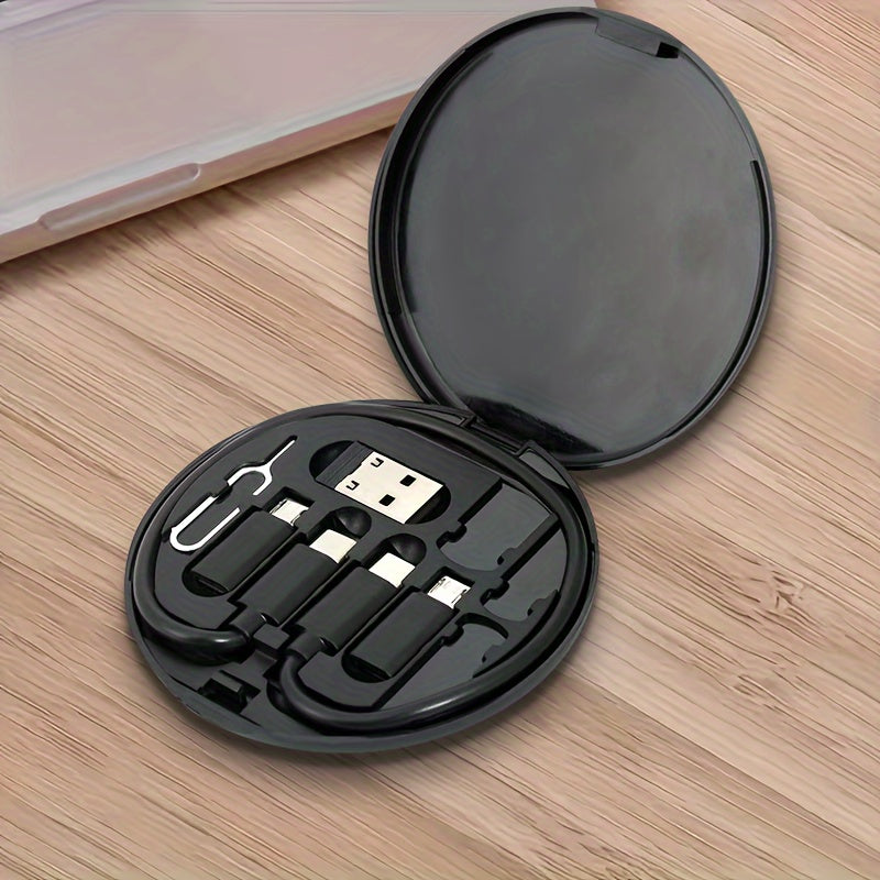 USB charging kit with multiple adapters for USB A, Type C, and Micro, data transfer capabilities, card storage, tray eject pin, and phone holder.