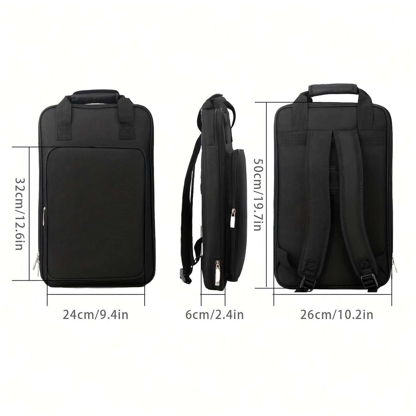 Thickened drumstick bag with premium durability. Holds 12 pairs, water-resistant, has backpack option and cushioned straps. Black, convenient hanging design, perfect for professionals.