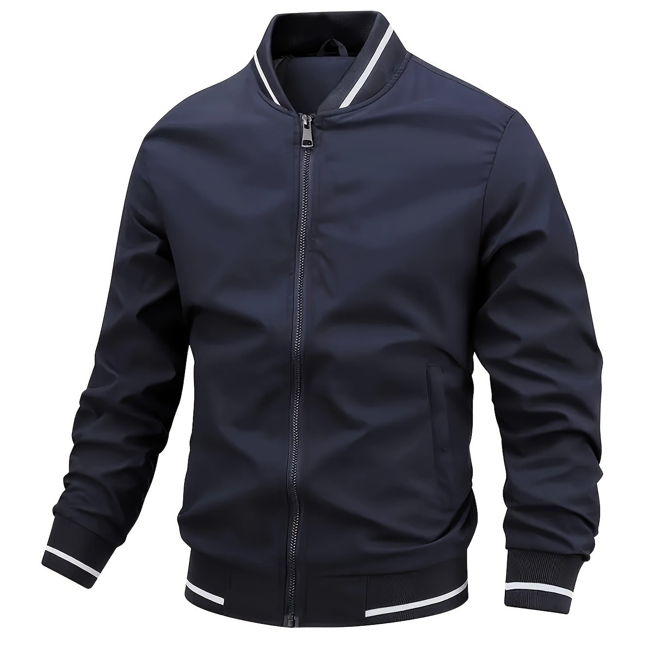 Men's lightweight windbreaker jacket made of 100% polyester with long sleeves, regular fit, and baseball collar. Suitable for spring and fall seasons. Made of woven fabric with a weight of