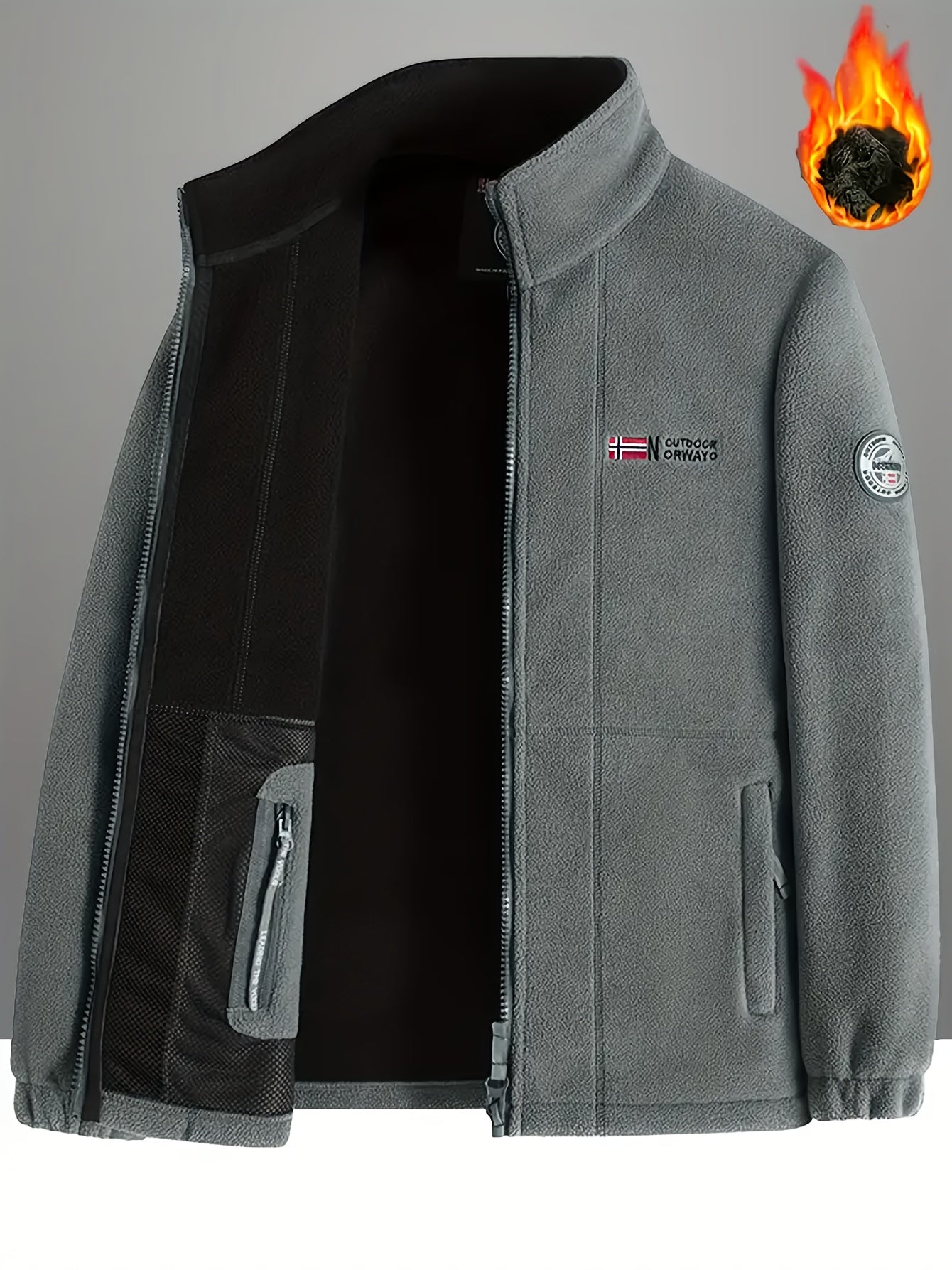 Men's casual fleece-lined jacket with stand collar, embroidery, zip-up cardigan, and warm knit fabric for fall/winter sports.