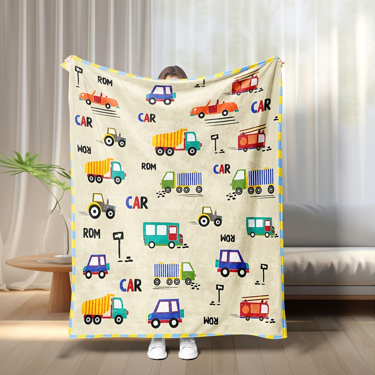 This modern cartoon car and truck print flannel wearable blanket is tear-resistant, soft, and warm. Made from a cozy knit fabric, it's perfect for boys and girls to snuggle up with. The digital print design makes it ideal for napping on beds, sofas, or