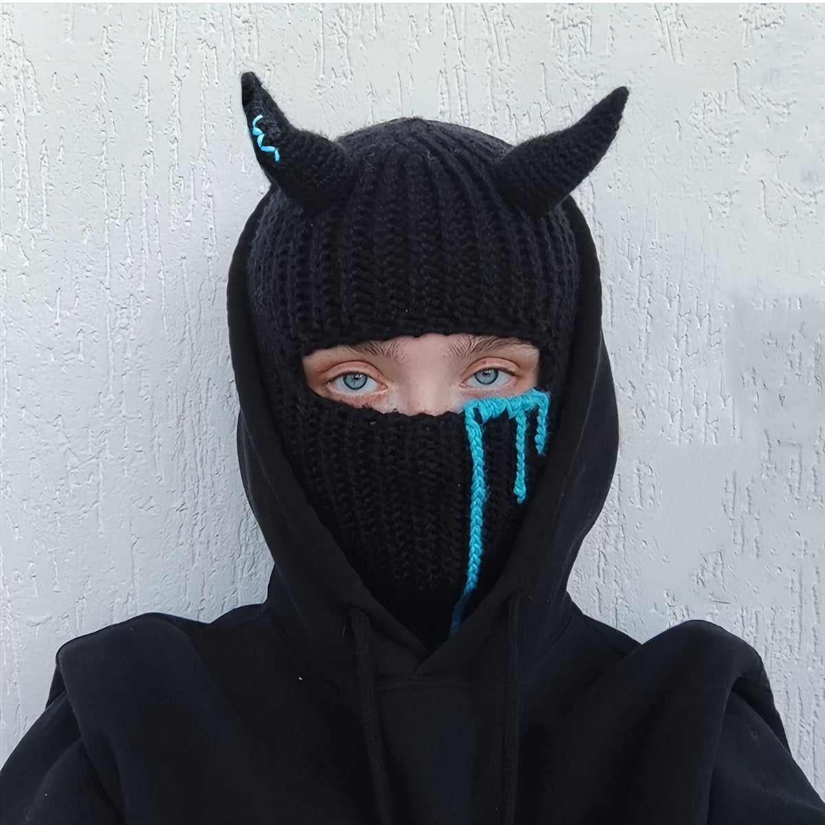 Stylish Striped Knit Balaclava with Blood Stains & Horns - Stretchy, Cozy Headwear for Halloween & Costume Parties, Perfect for Fall and Winter Seasons.