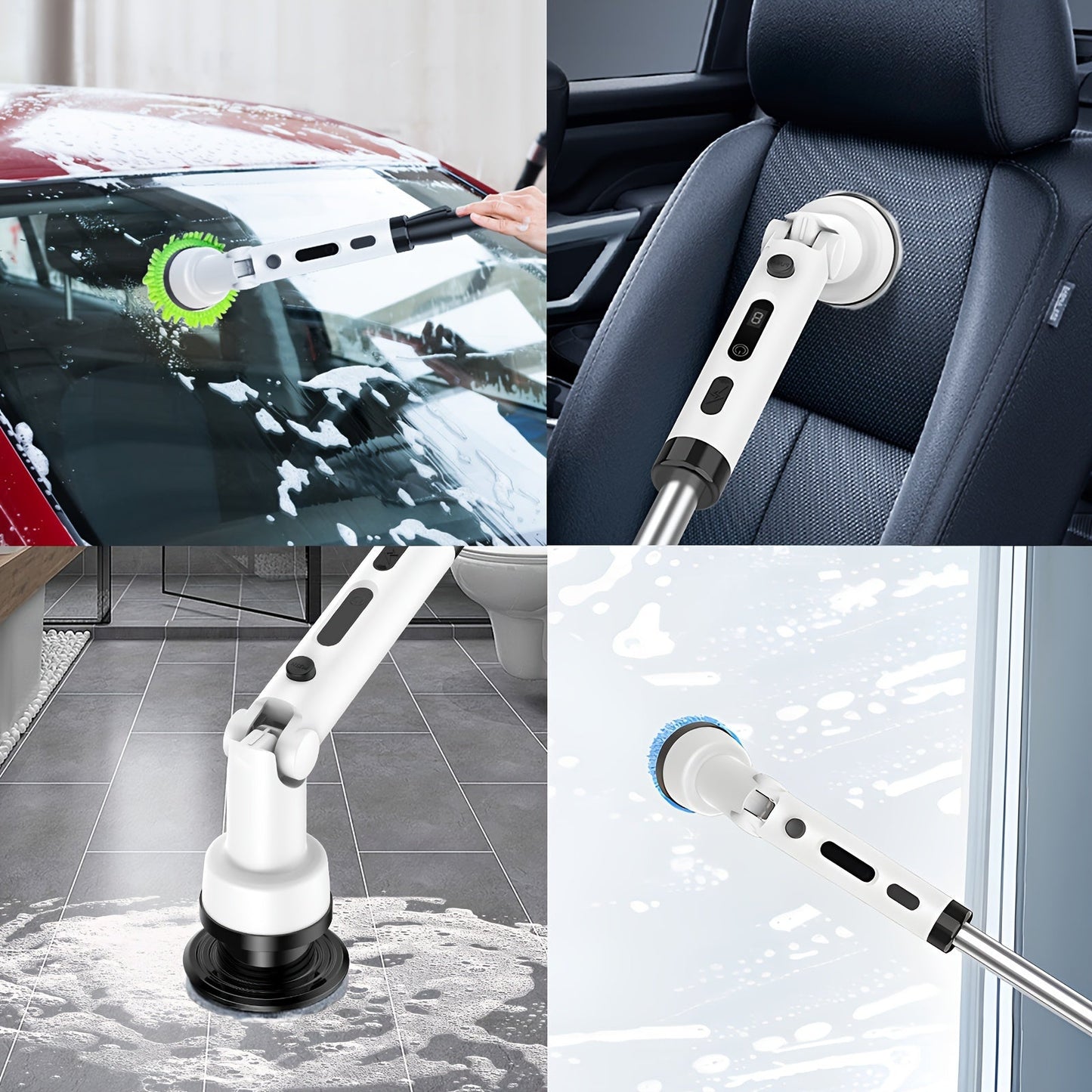 IAGREEA Electric Spin Scrubber is a versatile and convenient power cleaner with 6 brush heads, medium firmness, digital display, perfect for use in the bathroom, kitchen, living room, car, floor, and ceiling. It is extendable, cordless, and powered by a