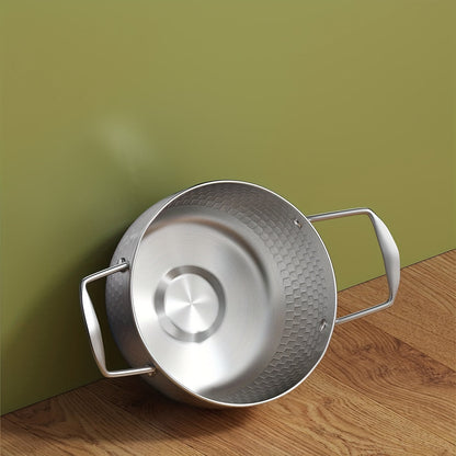 A stainless steel soup pot with two handles for home use, perfect for cooking instant noodles and boiling milk on a gas stove, in a shiny silver color.