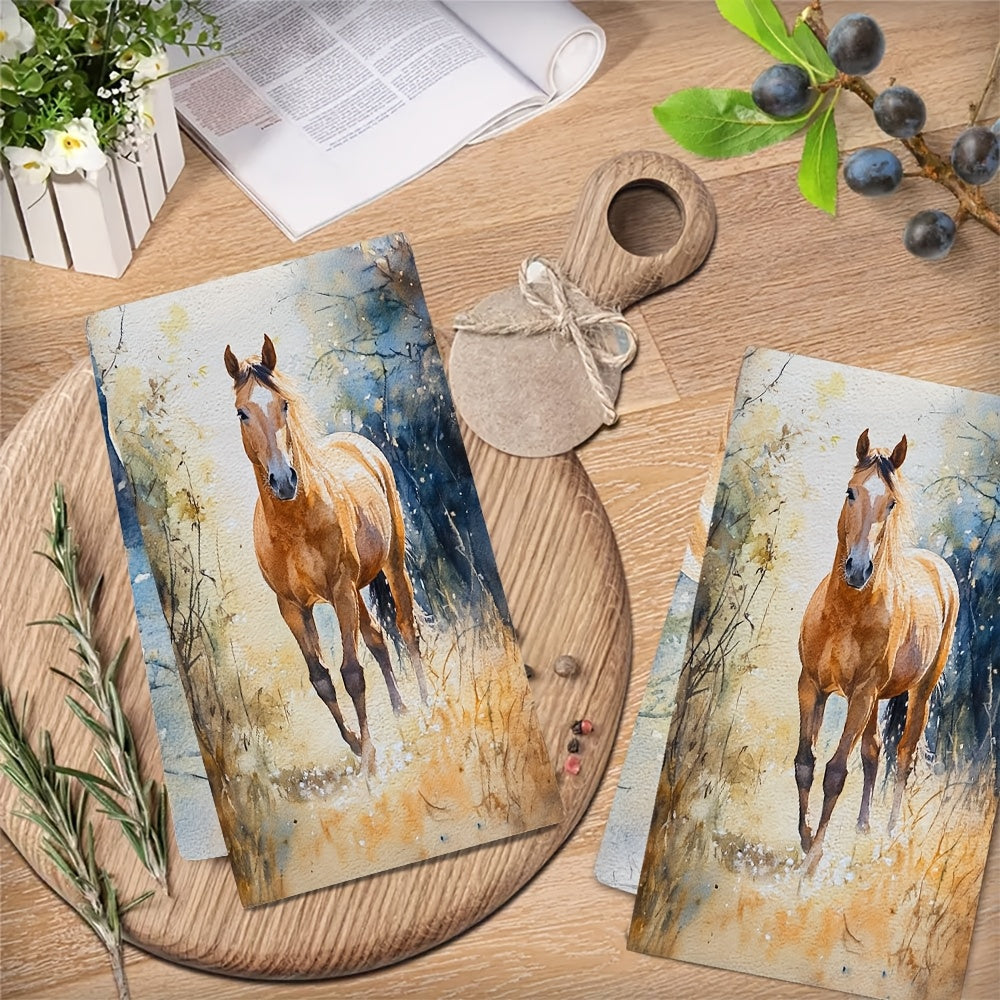 Set of 2 Coastal Horse Design Kitchen Towels, Made of Highly Absorbent Polyester Knit Fabric, Easy to Clean in the Washing Machine, Featuring a Modern Contemporary Style, Size 40.64x60.96 cm - Model Number 2KYSYS1218557, Horse Themed Towels for the