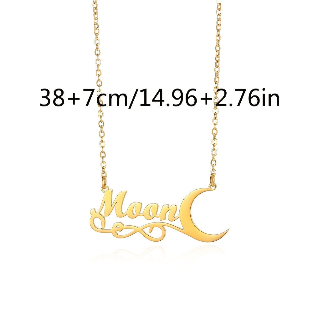 Stylish Personalized Moon & Leaf Name Pendant Necklace - Made of Stainless Steel, Vintage-Inspired Letter Jewelry for Women - Ideal for Everyday Wear, Customizable, Engraved Plaque