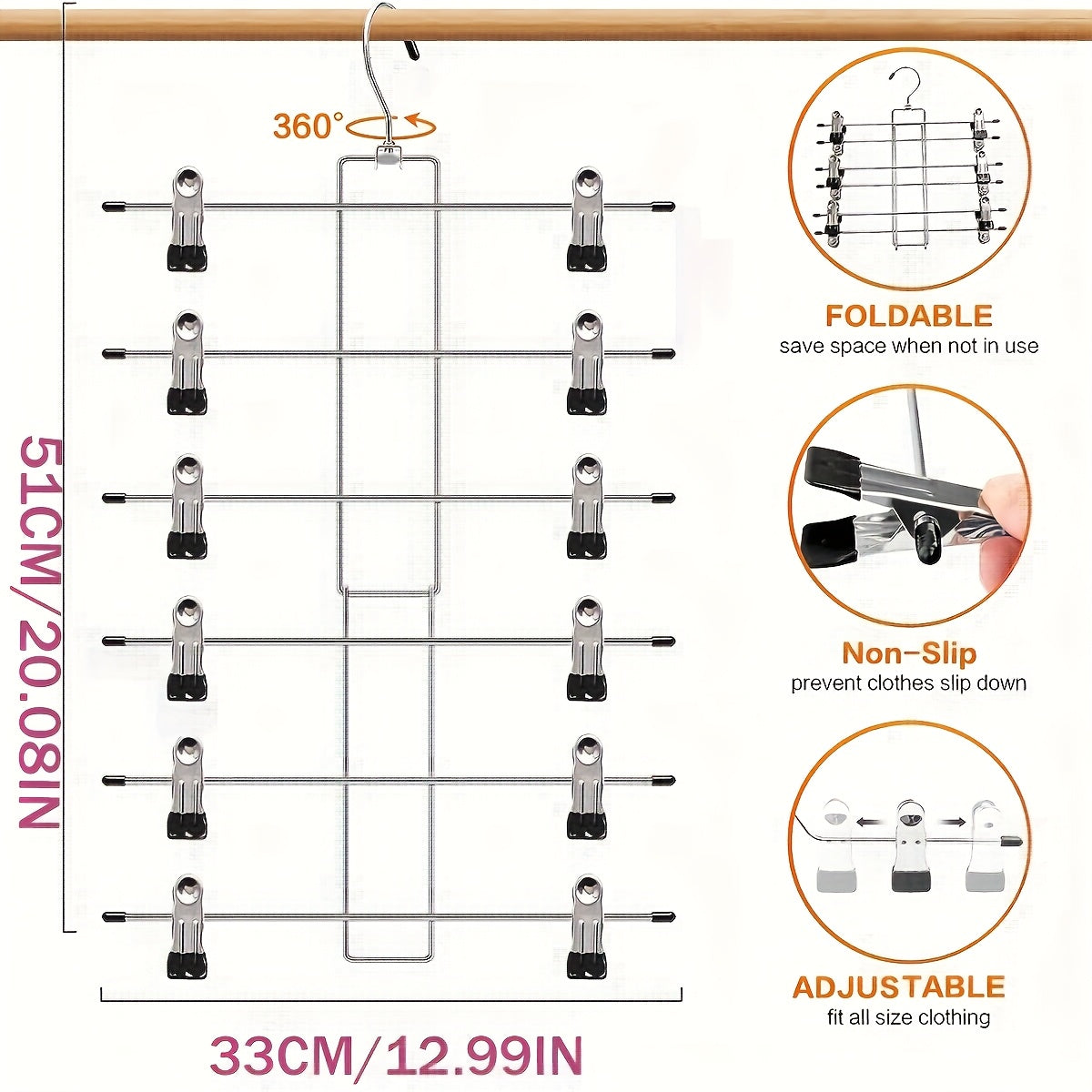 Foldable metal closet organizer with 6 tiers of storage, ideal for saving space and hanging pants and skirts. A must-have for college dorms, suitable for both boys and girls. Features a durable multi-layer design for effective organization of your