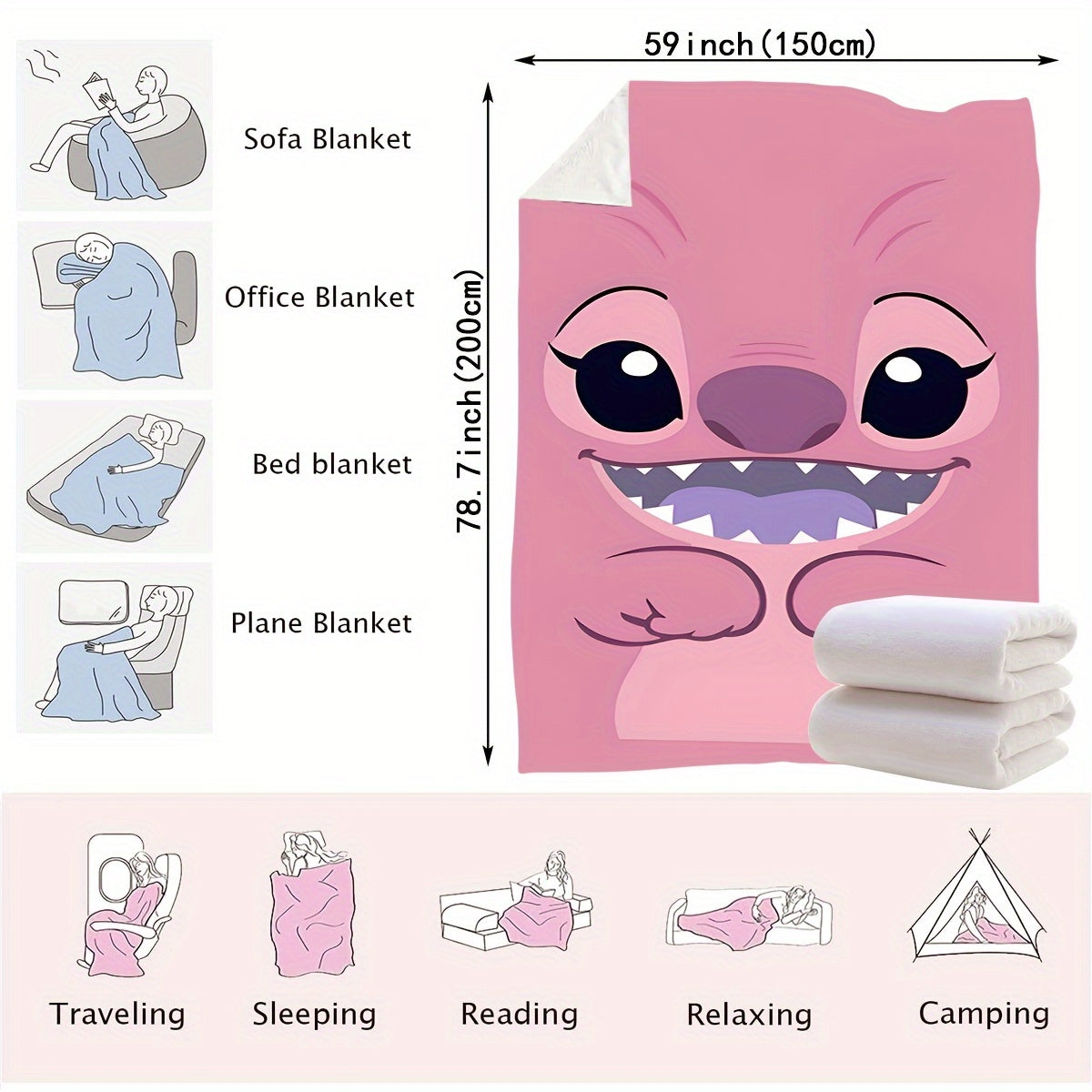 Pink plush throw blanket featuring a contemporary cartoon design. Made from soft polyester knit fabric, this multipurpose bedding is suitable for all seasons. Perfect for adding comfort to your bed, sofa, office nap, or as a travel blanket. Makes an