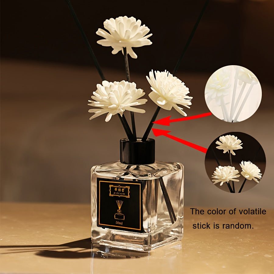 50ml scented reed diffuser set in rectangle glass bottle with rattan sticks and sola flowers for long-lasting air freshening in home, indoor, and bathroom without electricity.