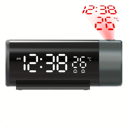 Digital smart projection clock with USB connection, dual alarms, sleepy function, time and temperature projection, and 4 brightness levels.