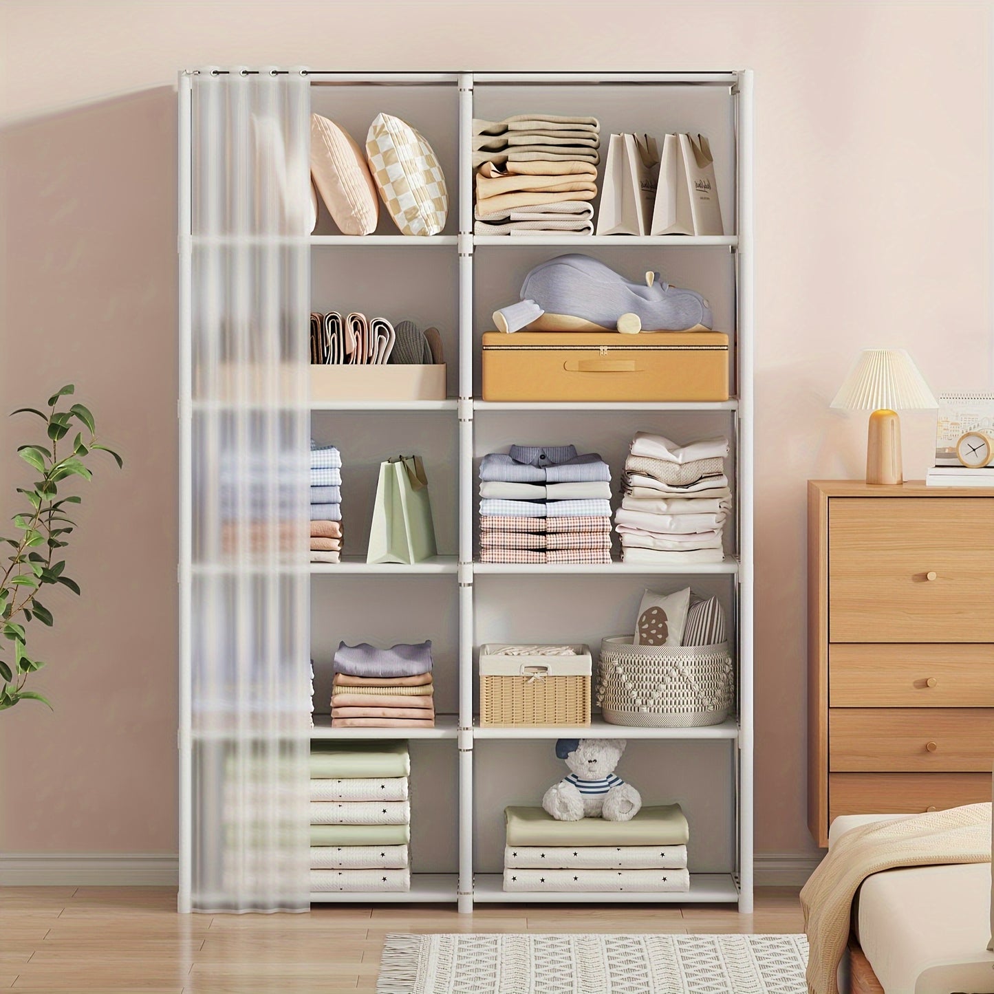 Large capacity bookshelf organizer with multi-tier metal storage for books, clothes & more, easy assembly, dustproof design with wheels. Ideal for home, office, or classroom. Versatile