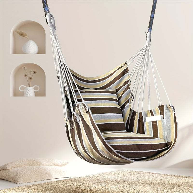 The package includes a hammock chair, two thick cushions, two 1.5-meter straps with 5 loops and 1 buckle, two climbing S-hooks, and a canvas storage bag. High-end configuration for export