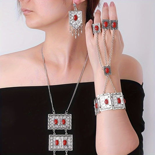 Stunning Party Decor Vintage Jewelry Set - Silver Plated Inlaid Gemstone Earrings, Necklace, and Mitten Bracelet Perfectly Match Daily Outfits