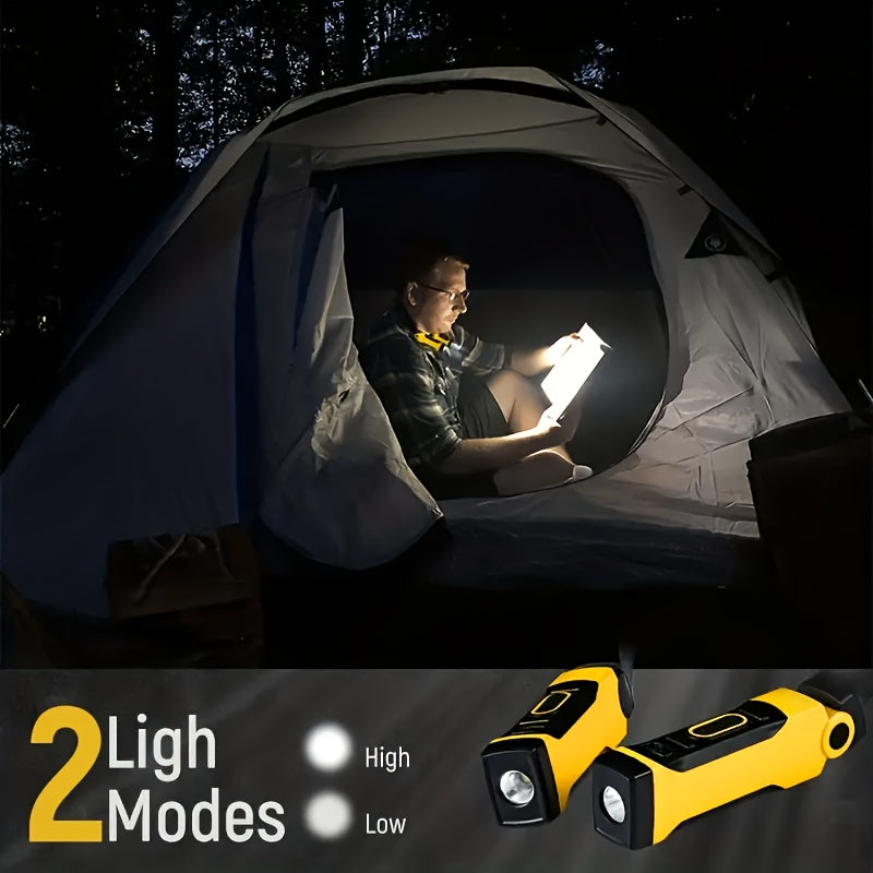 USB-powered LED neck light with bendable arms, 2 brightness levels, dimmable button control, and 500mAh lithium battery. Suitable for reading, camping, and repairing. Made of plastic material with downlighting feature. Includes USB cable.