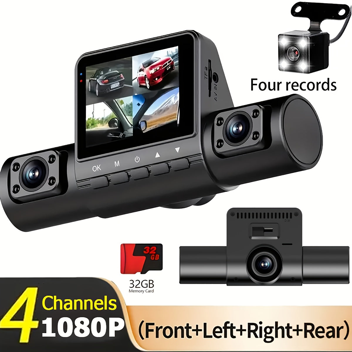 4 Channel Black Box Dash Cam with Front FHD 1080P and Rear Night Vision