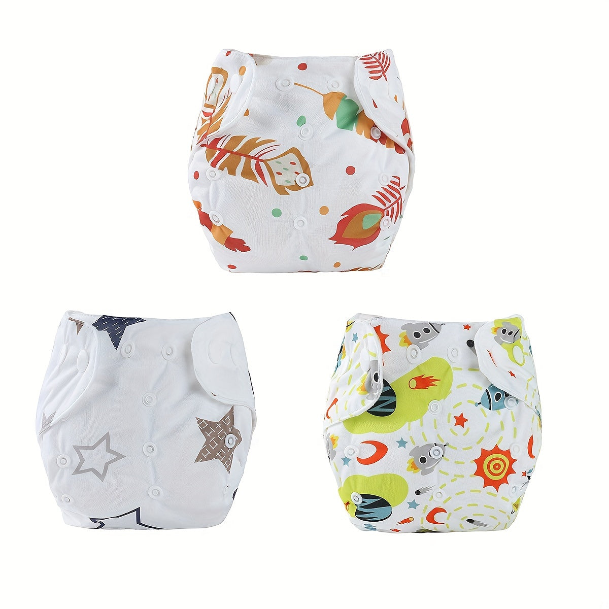 Set of 3 Unisex Baby Training Pants, Waterproof Cotton Cloth Diapers, Adjustable Snap Closure for Ages 0-3 featuring Cute Printed Designs - Washable Pull-Up Diaper Covers for Toddlers