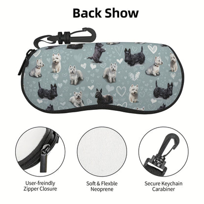 This fashionable neoprene glasses case features a Westies and Scottie Dogs print, along with a matching Scottish Terrier print keychain. It is waterproof, portable, ultra-light and soft, making it perfect for storing reading glasses or sunglasses