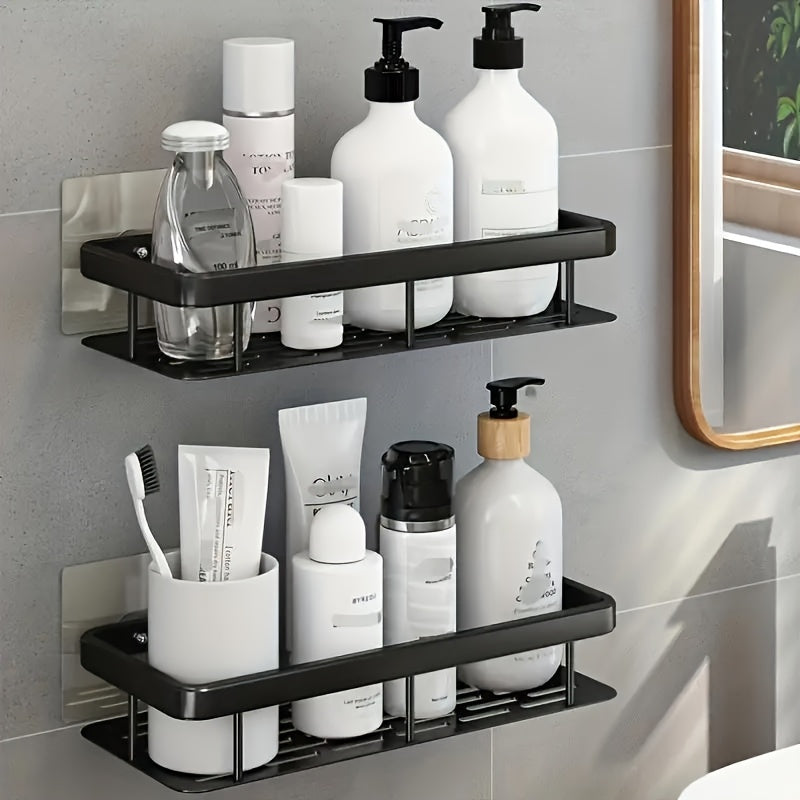 Durable wall-mounted caddy for bathroom and kitchen. Easy no-drill installation, space-saving. Holds toiletries and cosmetics. Oil rubbed finish, strong plastic material.