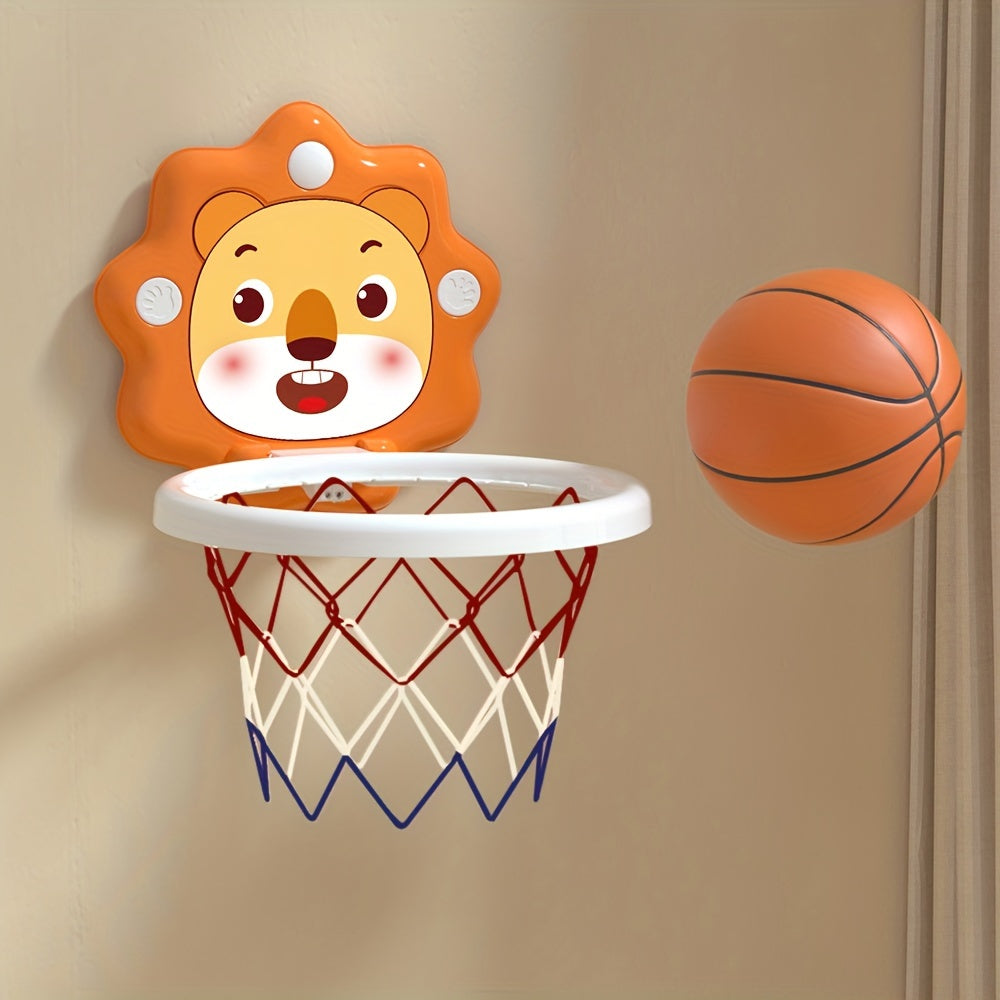 Kids' cartoon animal basketball hoop set for ages 3+ with mini balls, pump, and wall-mounted design for indoor/outdoor play.