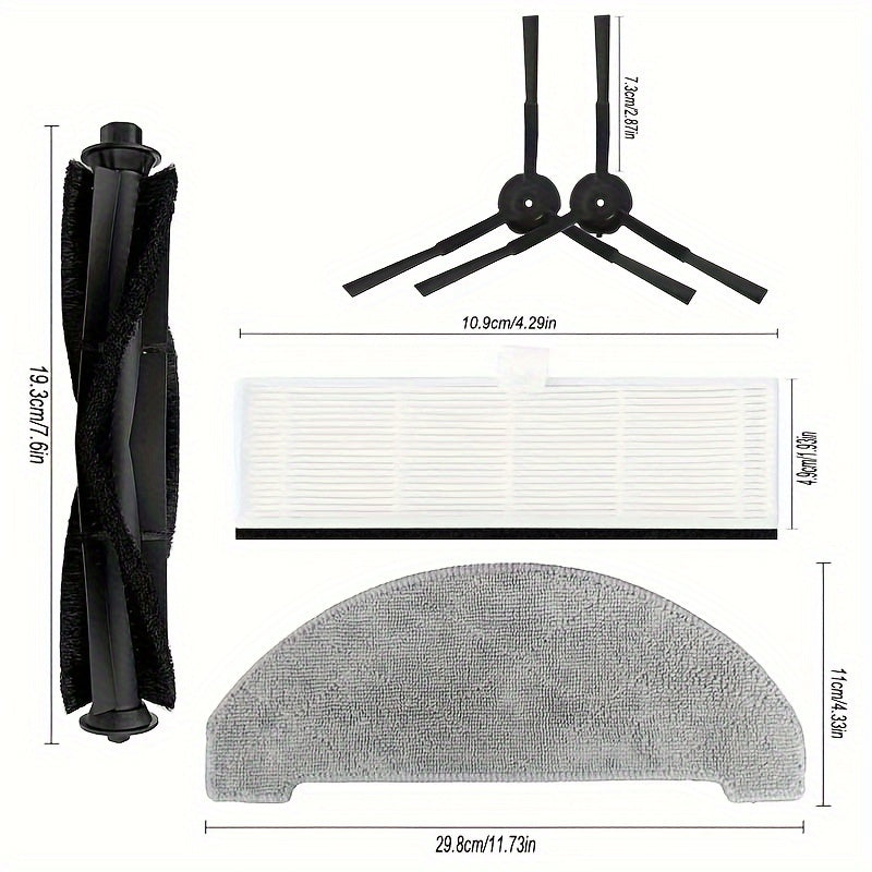 Replacement parts for Imou L11 Pro, Honiture Q6 Pro, Laresar L6 Pro, Airrobo T10+, and Arnagar S8 Pro floor sweepers: Main side brush, filter, mop cloth, and dust bag.