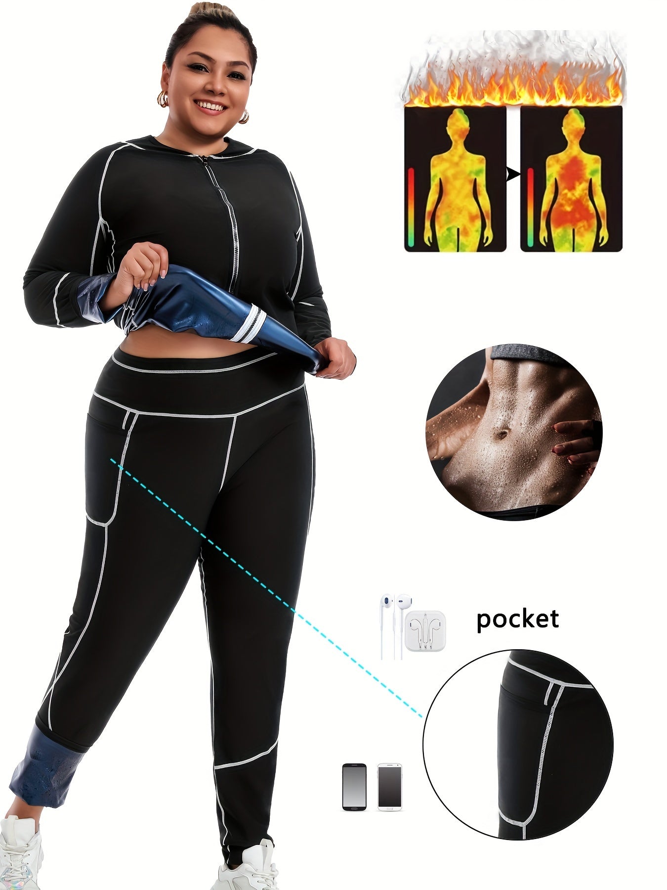 Plus size women's shapewear suit for autumn and winter season, featuring patchwork design and long sleeves for waist trimming and abdominal sweat during fitness activities.