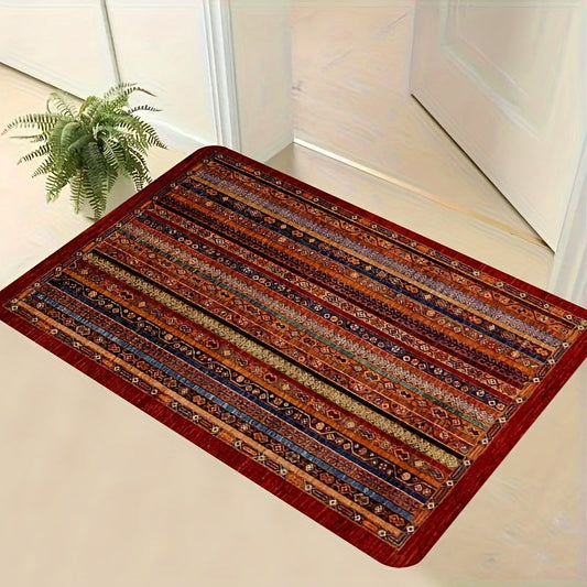 Soft area rug in vintage red stripe design, features anti-slip and dirt-resistant properties. Hand washable polyester floor mat perfect for living room and kitchen decor. This washable floor rug offers both style and practicality.