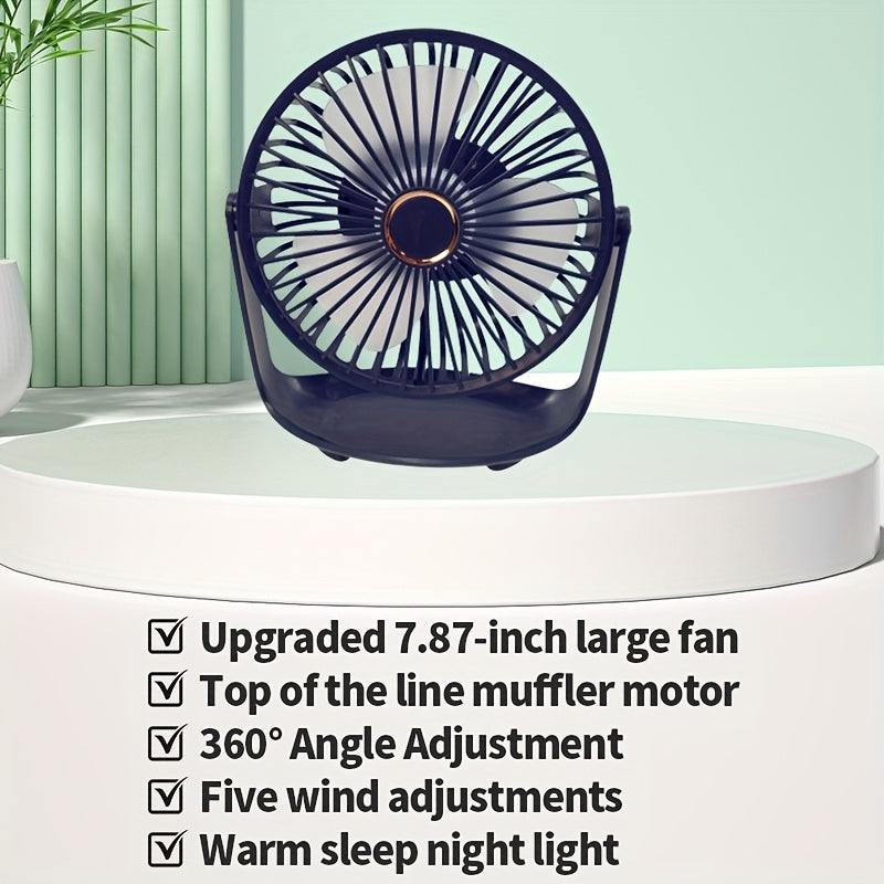 Sleek White Compact Portable Desktop Fan with USB Charging - Features 5-Speed Adjustable Cooling, Long-Lasting Battery for Indoor/Outdoor Use - Includes Power Cable and is Perfect for on-the-go Cooling