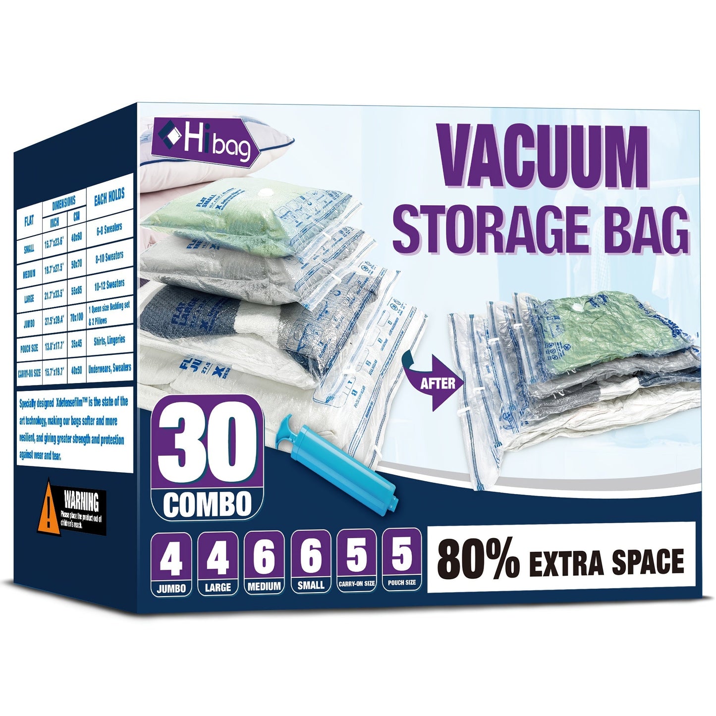 Vacuum Compression Storage Bags with Pump for Clothes, Sweaters, Blankets, Quilts - Space-Saving Organization Solution for Home, Travel, Dormitories, and College - Must-Have Travel and Storage Accessories