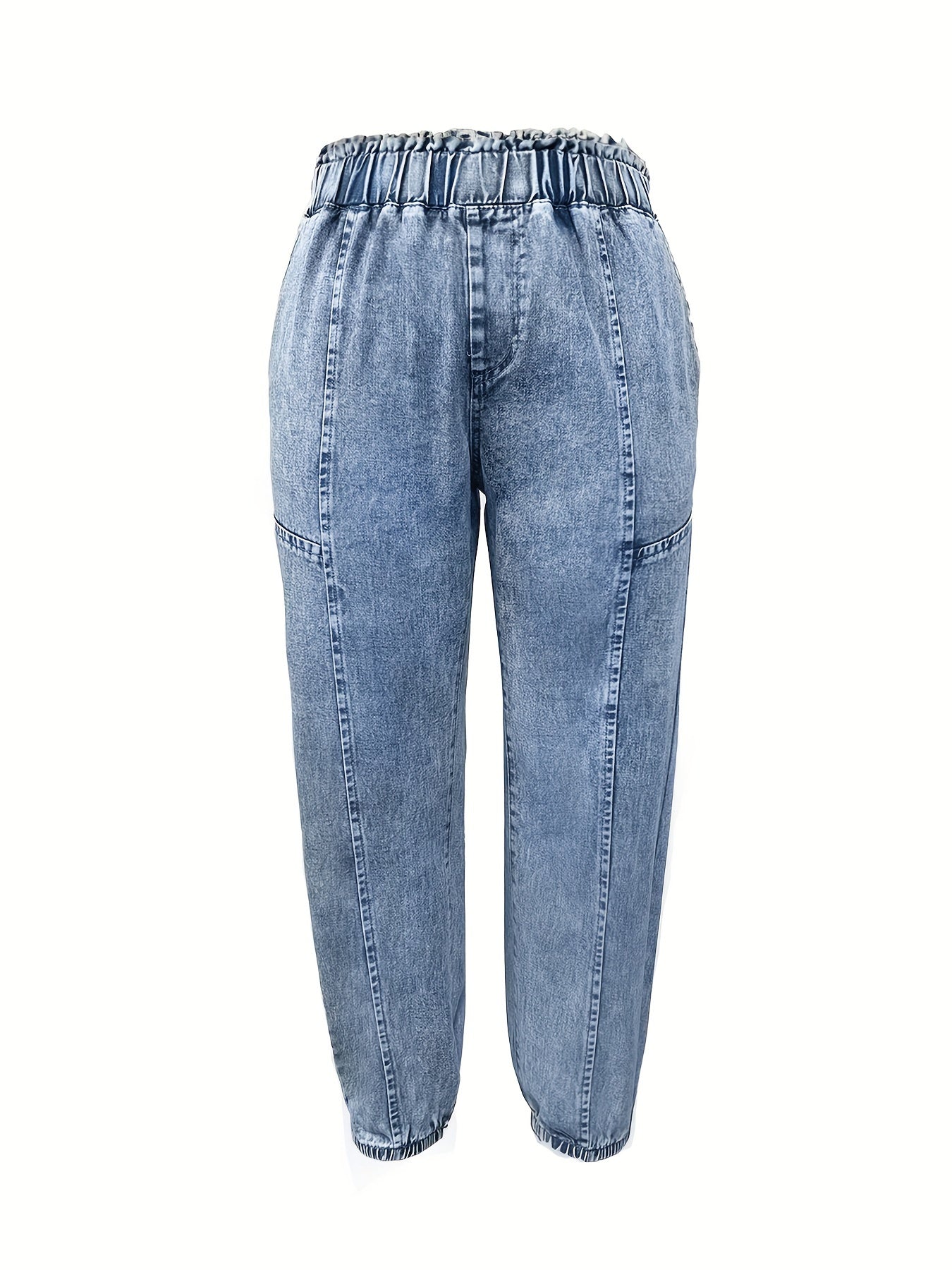 Snowflake pattern denim jeans for plus-size women in non-stretch woven fabric with polyester blend, solid color lining.