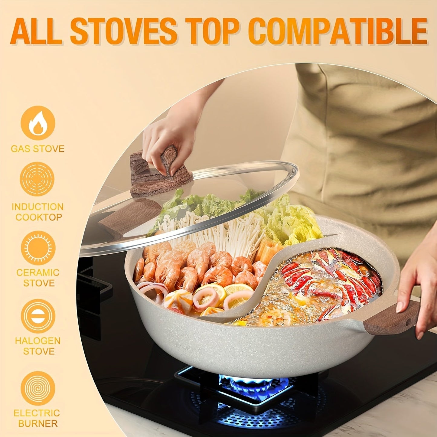 DUMAK 30.48cm Double-Sided Nonstick Shabu Pot with Divider - Suitable for Induction, Gas Stove & Hot Burner, Safe for Dishwasher Use