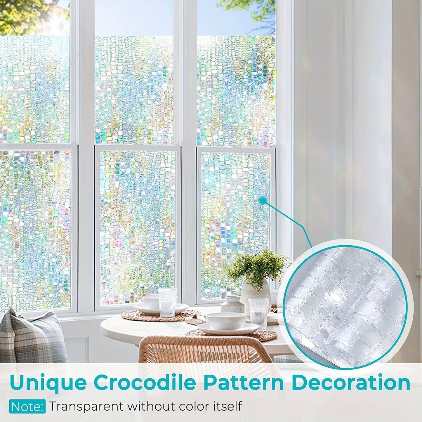 Decorate your home with the 1PC Privacy Window Film featuring a Stained Glass Rainbow design. This window cling provides privacy, blocks sunlight, and adds a 3D decorative touch to any room in your home. Perfect for bathrooms, living rooms, and more.