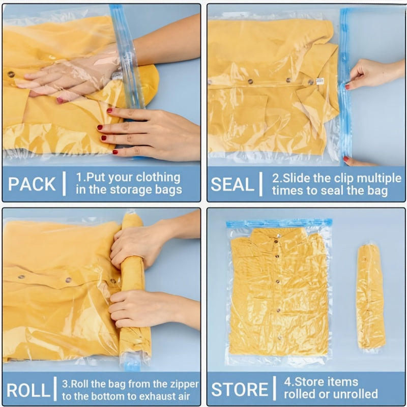 Pack of 7 Compression Bags - Save Space without the Need for a Vacuum or Pump! Easy-to-use Hand Roll Storage Bags for Travel Enthusiasts. Ideal for storing both dry and wet items compactly. Travel with ease and confidence!