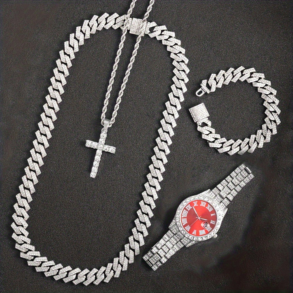 Set of 4 pieces: Men's Rhinestone Wrist Watch and Cross Pendant Jewelry Set, suitable for both Men and Women.