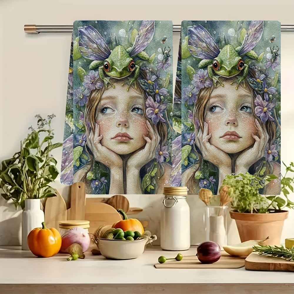 Set of 2 Enchanted Frog & Fairy Art Kitchen Towels - Made from Ultra Soft and Highly Absorbent Polyester, Perfect for Drying Dishes - Machine Washable, Measures 40.64x60.96 cm - Adds a Touch of Whimsical Holiday Decor to Your Kitchen