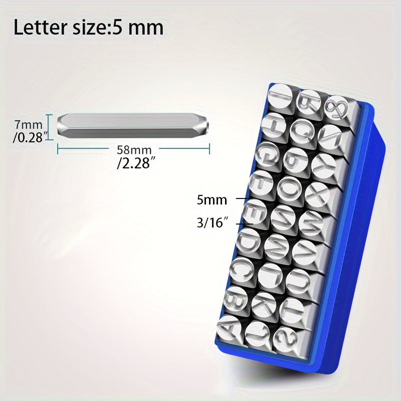 Alloy steel stamp set for imprinting on various materials such as metal, plastic, wood, and leather. Great for crafting and arts.