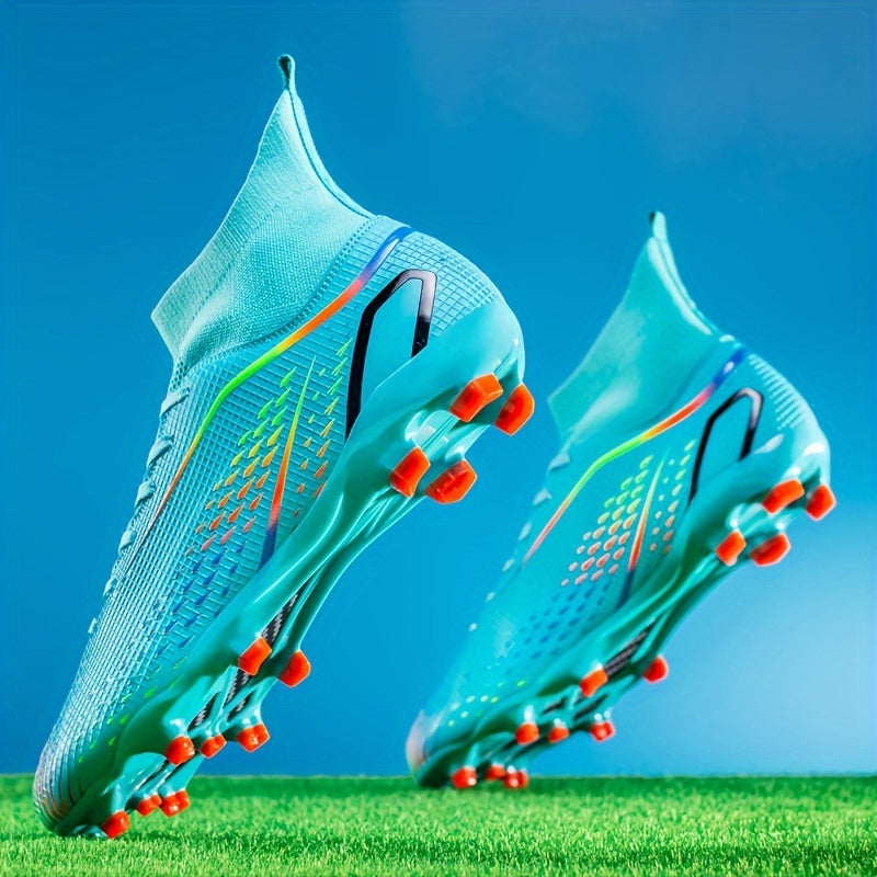 Durable turquoise and orange football cleats with TPU studs for superior grip, breathable lining, and EVA cushioning. Perfect for boys and girls in training and matches, competitive soccer.