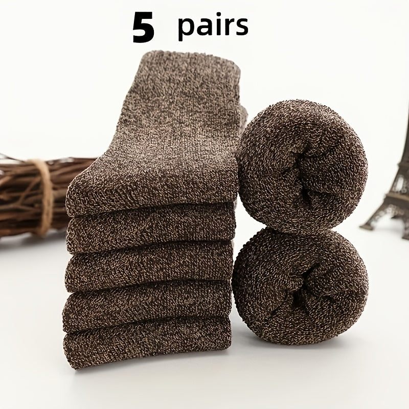 5 pairs of men's thick wool blend mid-calf winter socks in solid colors, soft and warm for casual or cold weather. Gift-ready packaging, quality fabric.